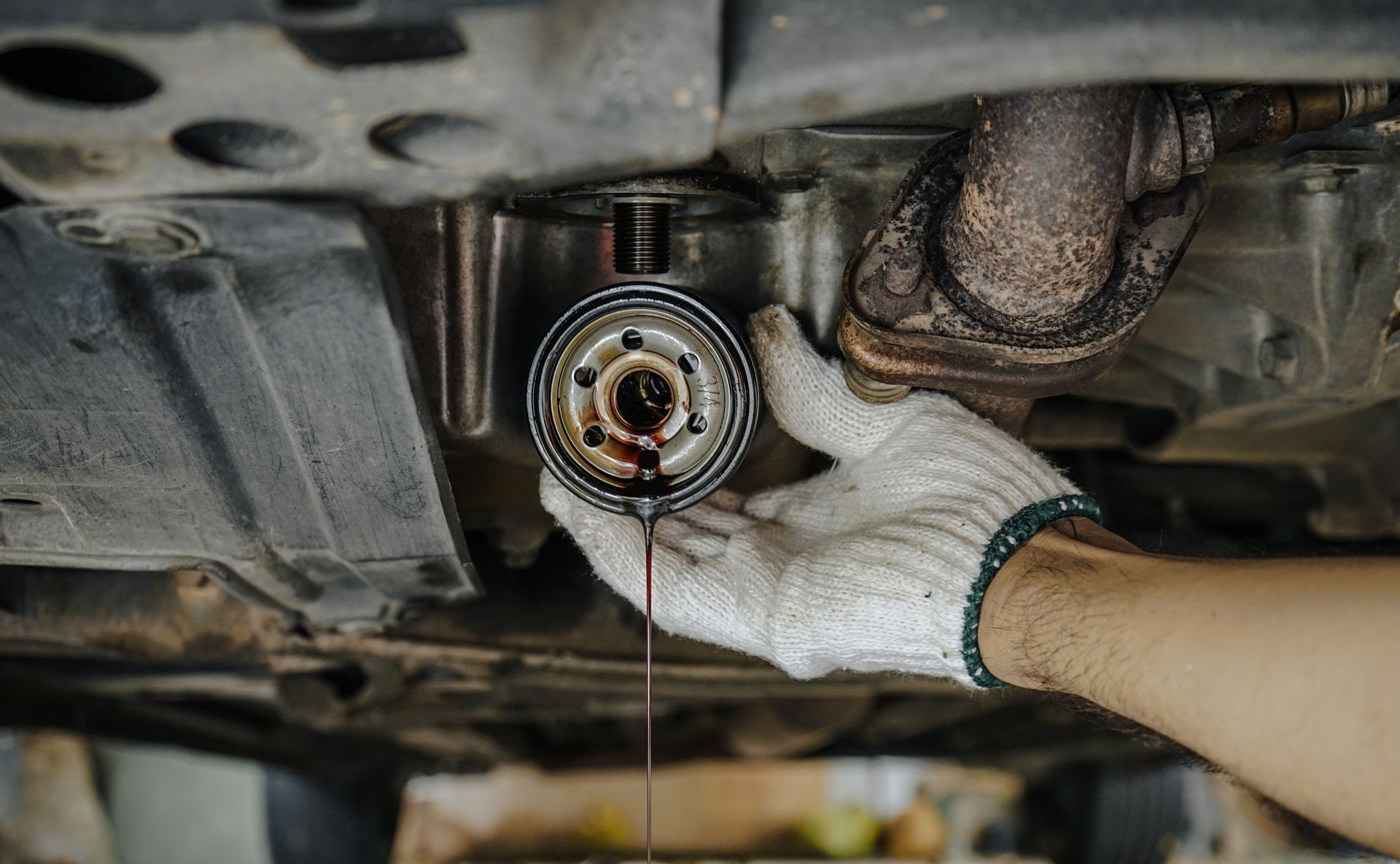 Person wearing a glove removing an old, oily oil filter from a car.