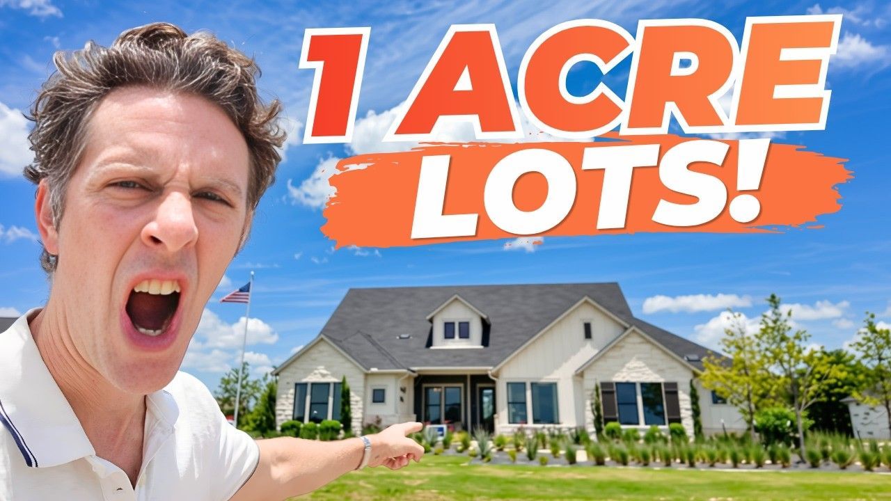 Man shouting beside a house with bold text “1 ACRE LOTS!” over a bright suburban scene