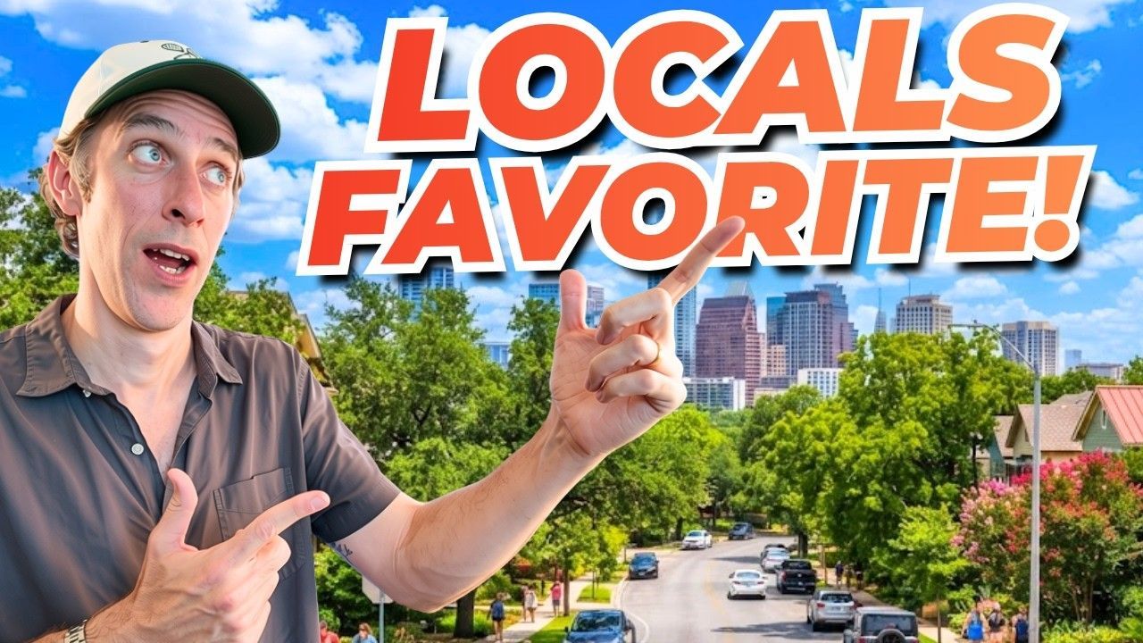 Man pointing at city skyline with bold text “LOCALS FAVORITE!” over green park scene
