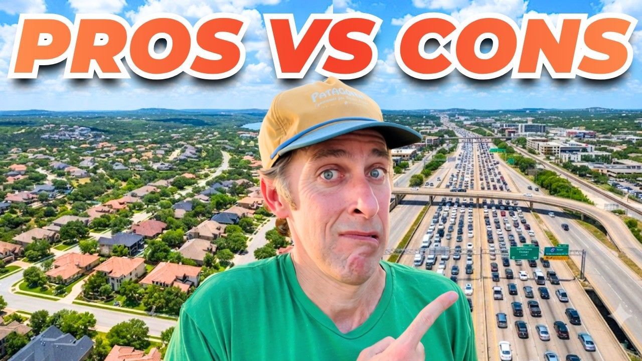 Man in green shirt and cap points over aerial highway and neighborhood under “PROS VS CONS” text