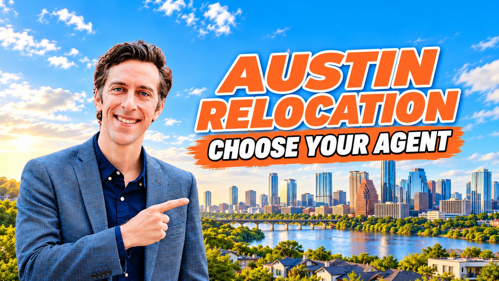 Barrett Raven beside a bold Austin relocation agent headline and skyline in Raven orange and black