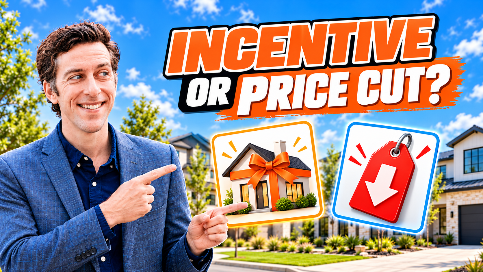 Barrett Raven pointing to a Greater Austin new home with bold Incentive or Price Cut lettering