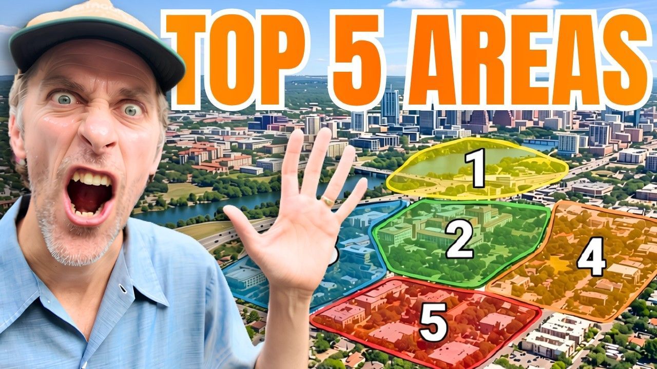 Man holding up hand beside colorful aerial map labeled “TOP 5 AREAS” with numbered zones 1–5