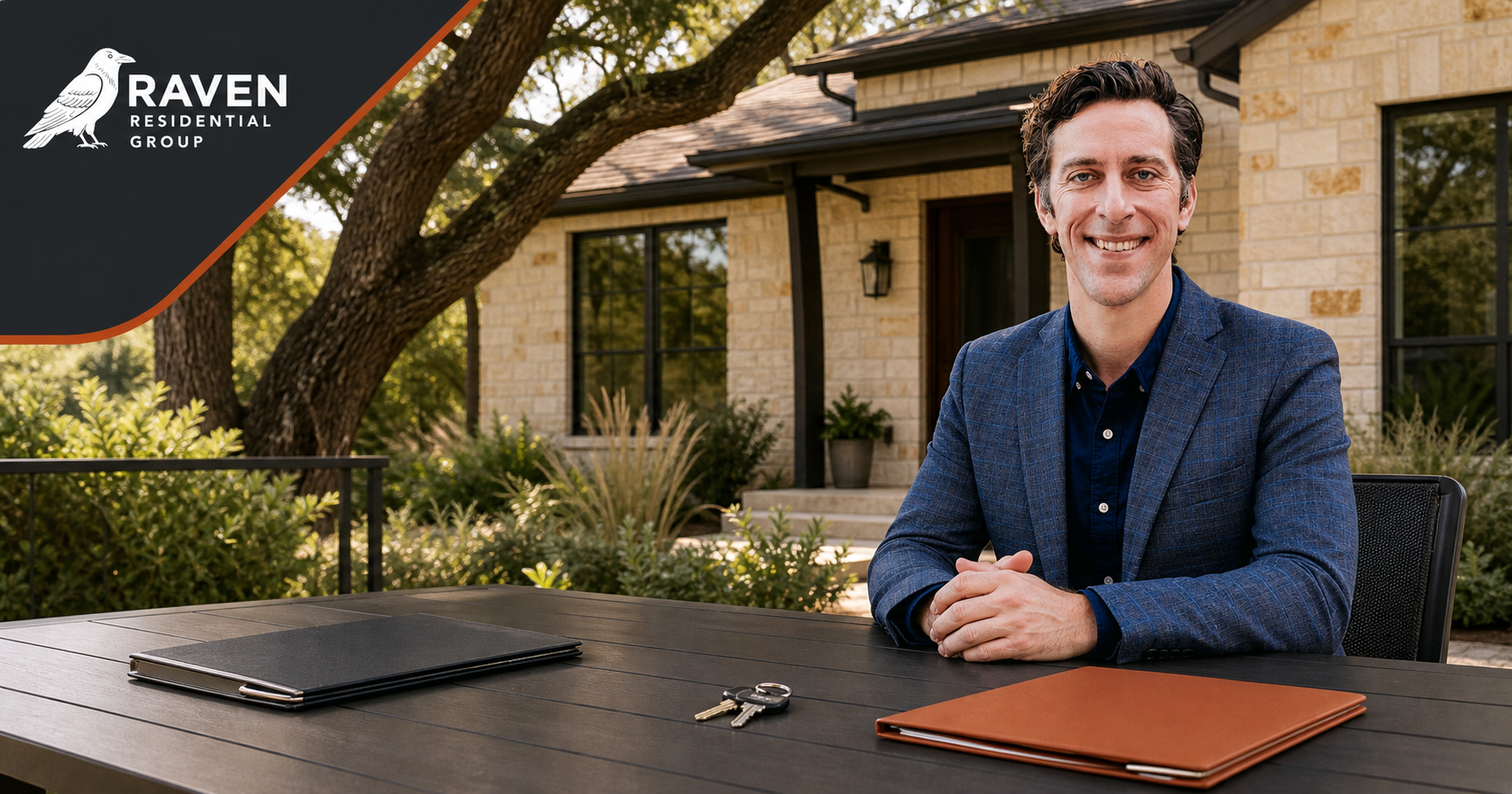 neutral Greater Austin marital-home property-planning scene with a house, keys, and unmarked folders