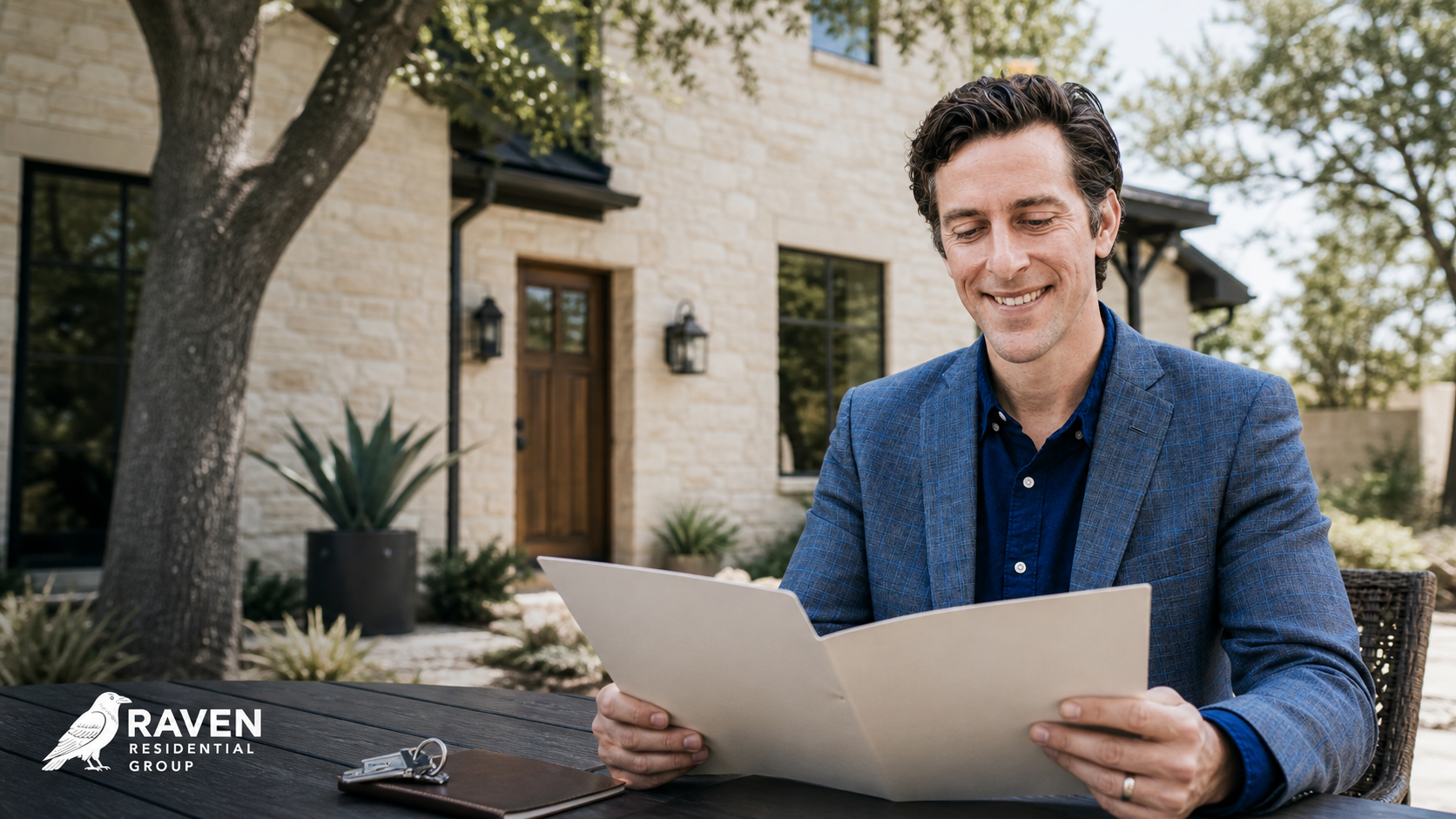Texas trust-property verification scene with a Greater Austin home, unmarked folder, and keys