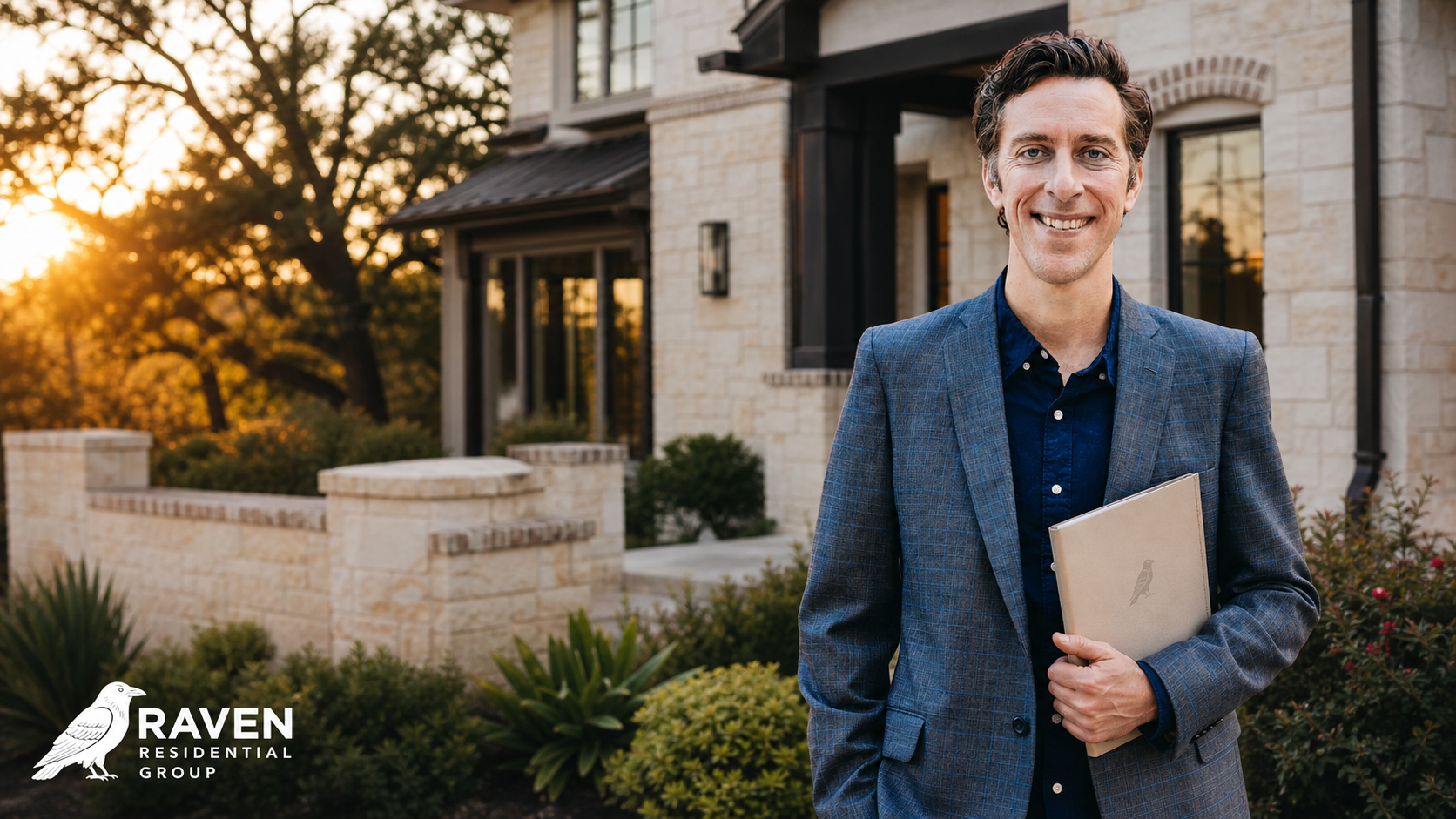 Barrett Raven outside an Austin limestone home with a neutral property-planning folder