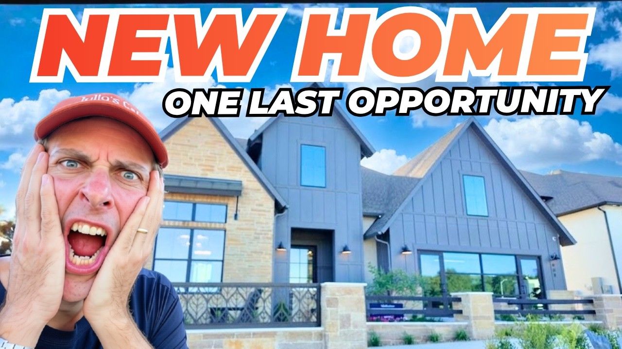 A surprised man in front of a modern home with a blue sky and clouds in the background.