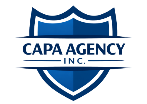 A dark blue, two-toned shield logo featuring the text 