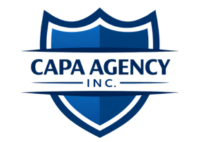 A dark blue, two-toned shield logo featuring the text 