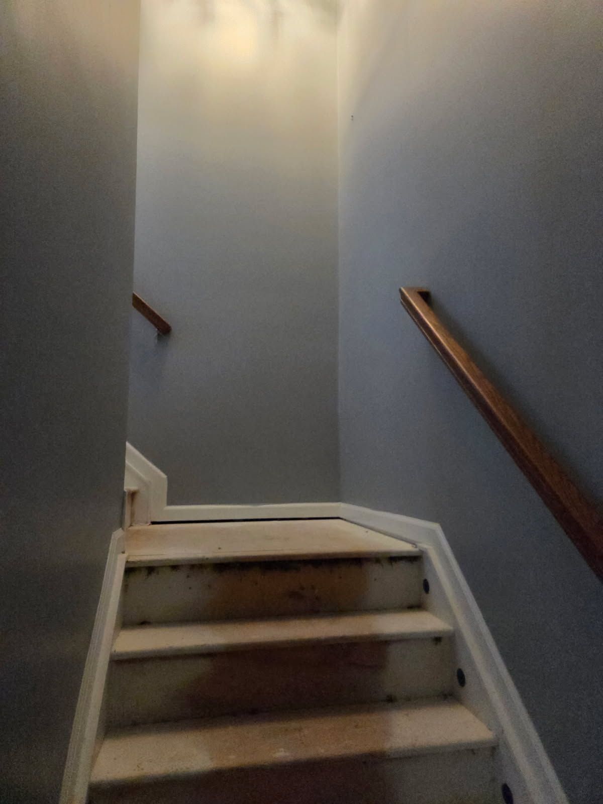 Narrow stairwell with gray walls, wooden handrails, and a short flight of steps leading upward.