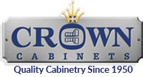 Crown Cabinets logo: silver plaque with blue text and a gold crown. Reads 