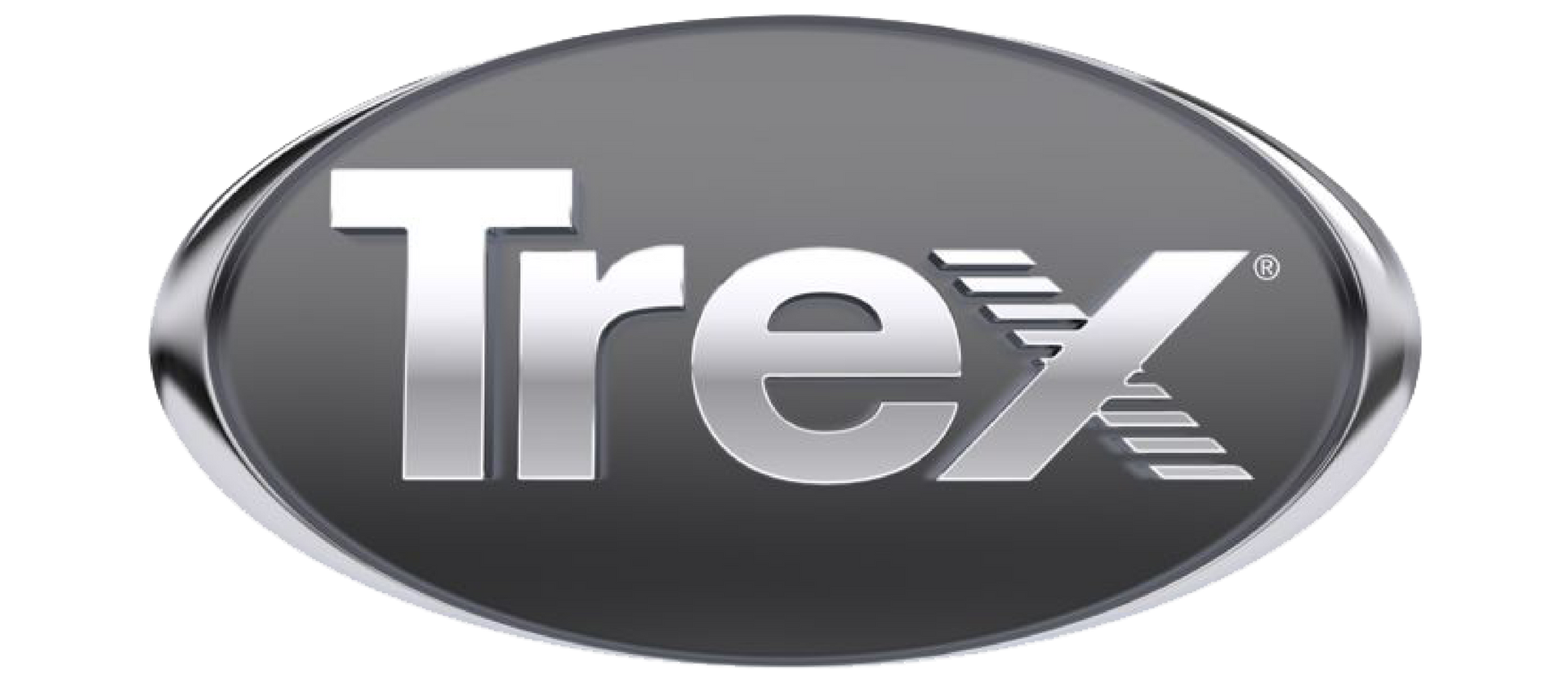 Trex logo: silver wordmark on gray oval with silver trim.