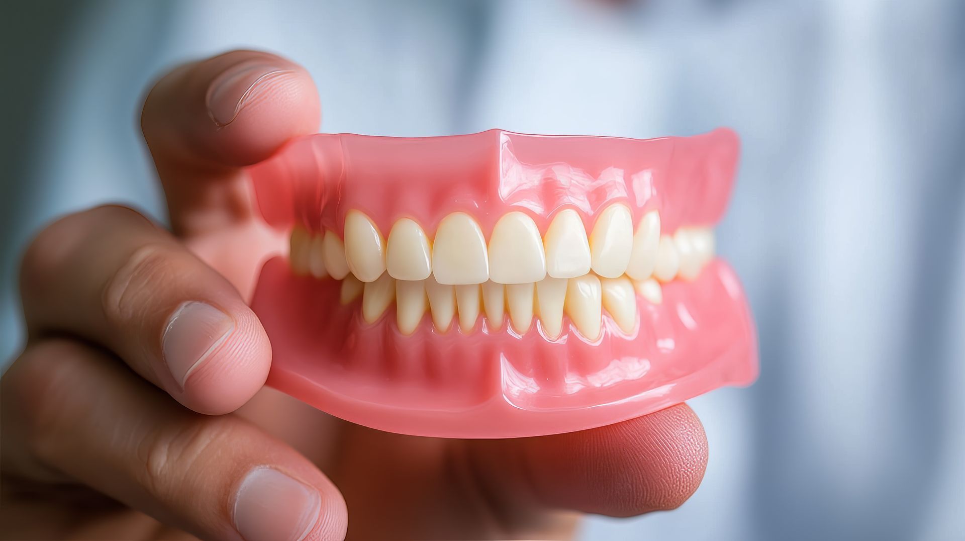 Hand holding a set of dentures with pink gums and white teeth.