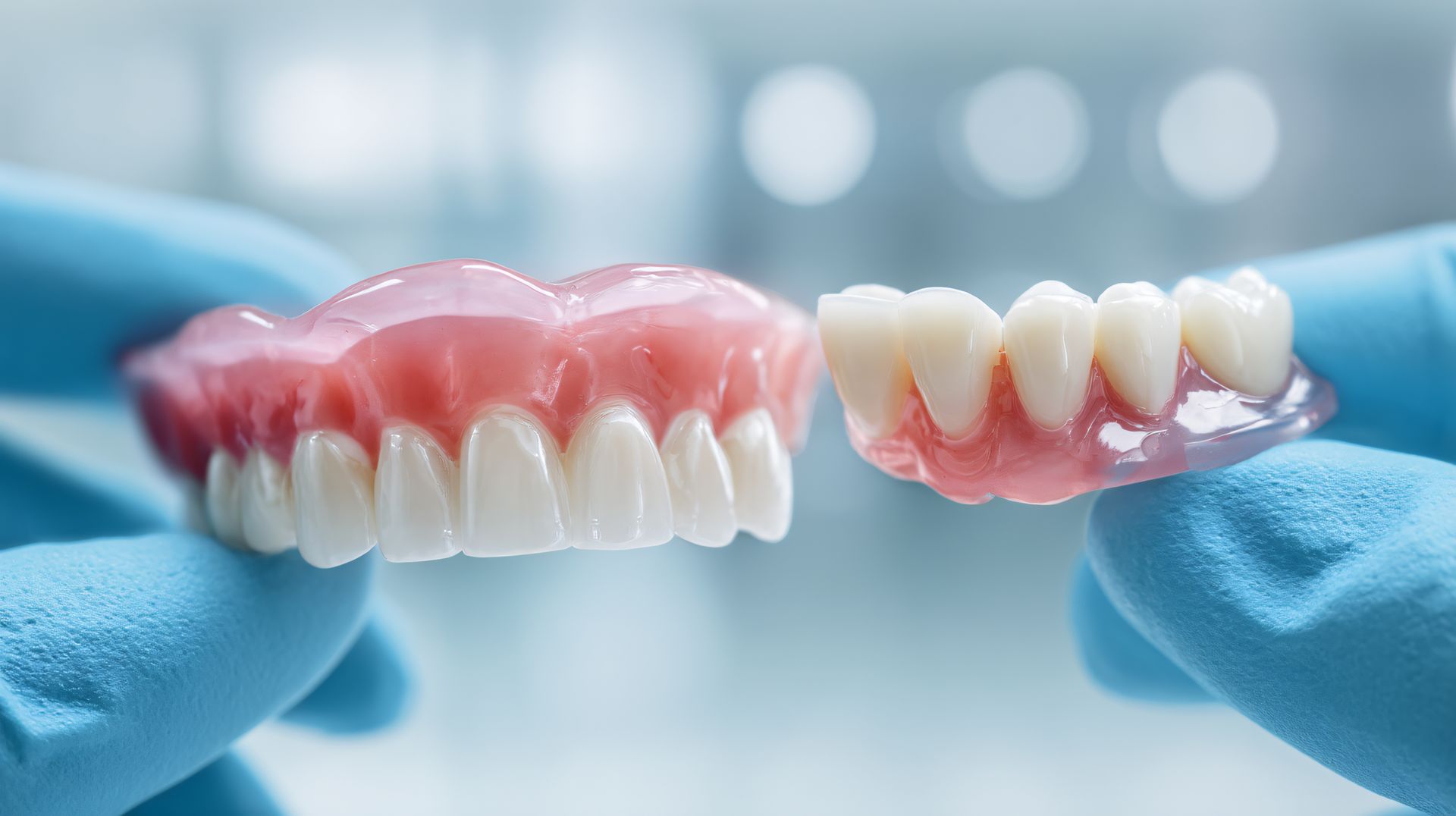 Hands in blue gloves holding two sets of dentures with pink gums and white teeth.