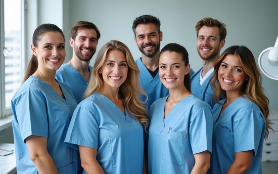 Group of medical staff in blue scrubs smiling in a clinic setting.