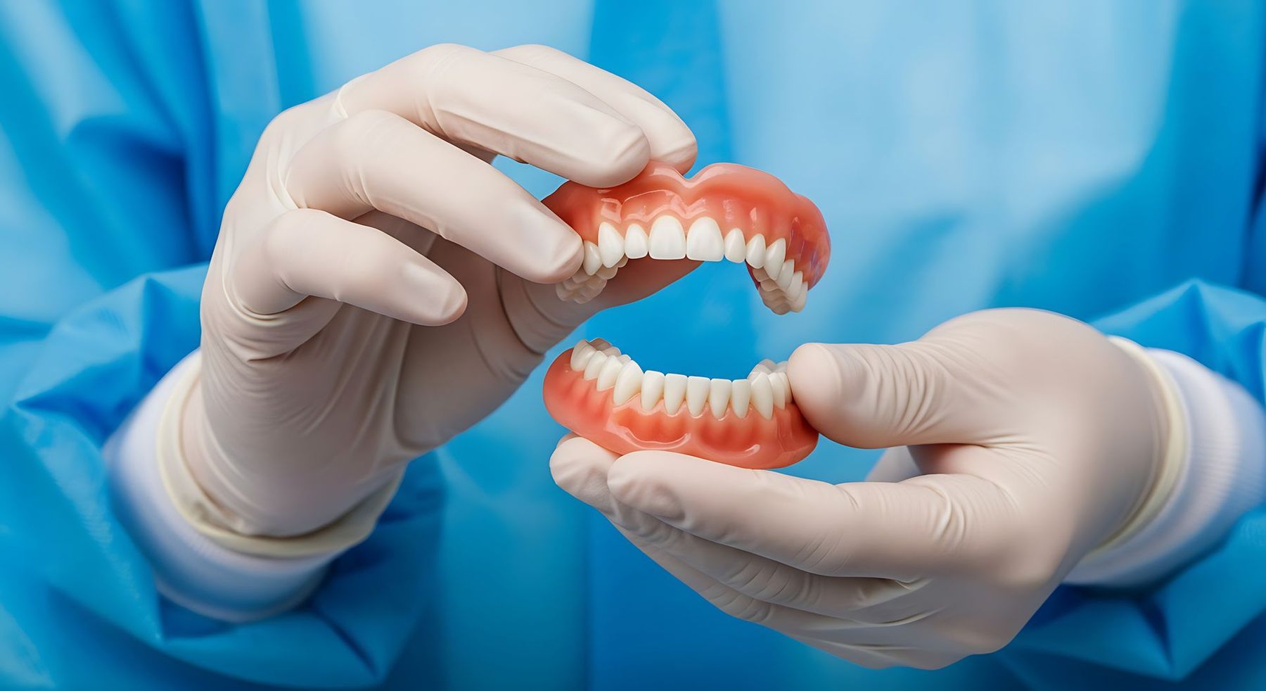 Dentist holding upper and lower dentures, wearing gloves and a blue surgical gown.