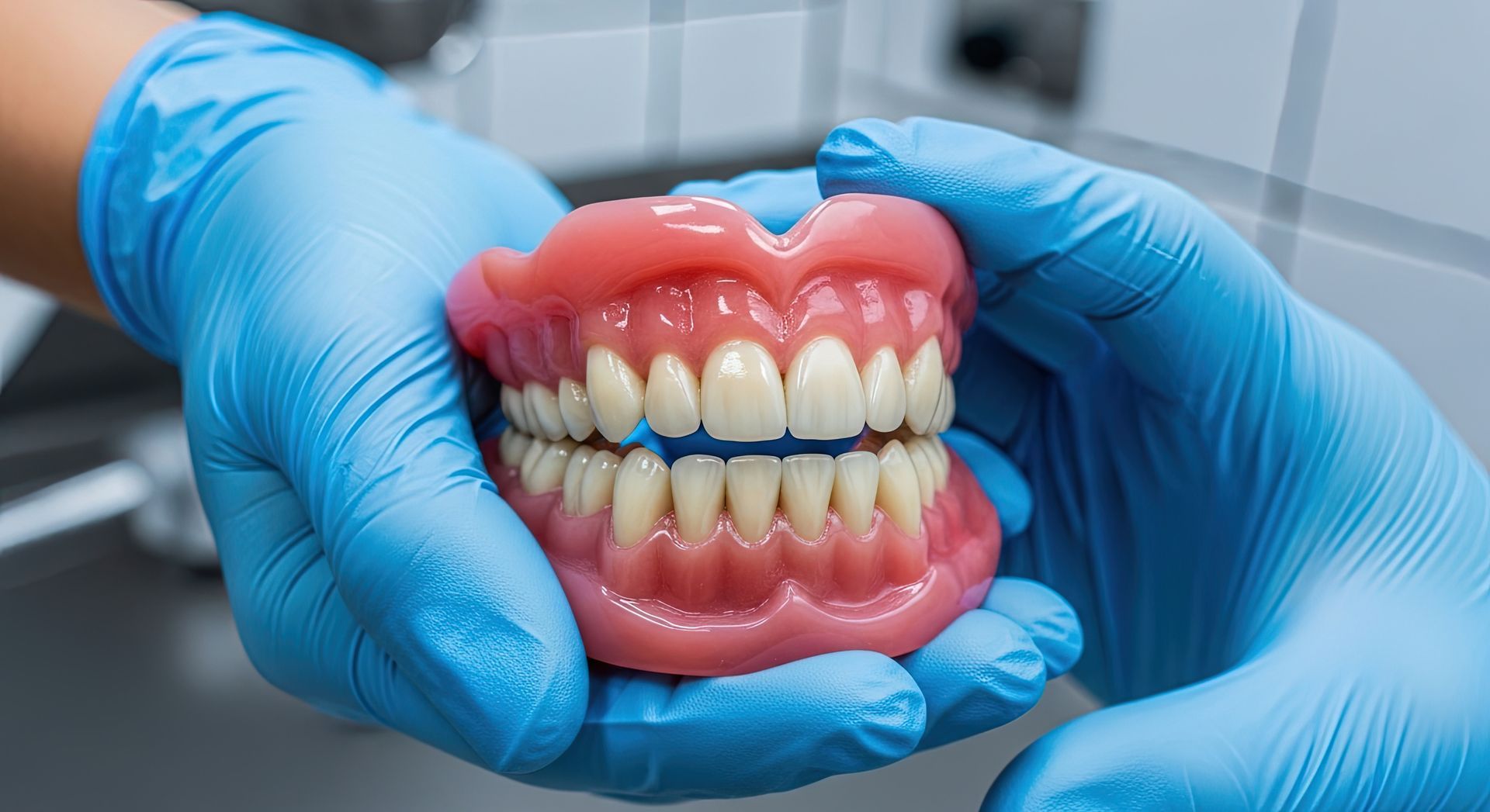 Hands in blue gloves holding a set of dentures with pink gums and white teeth.
