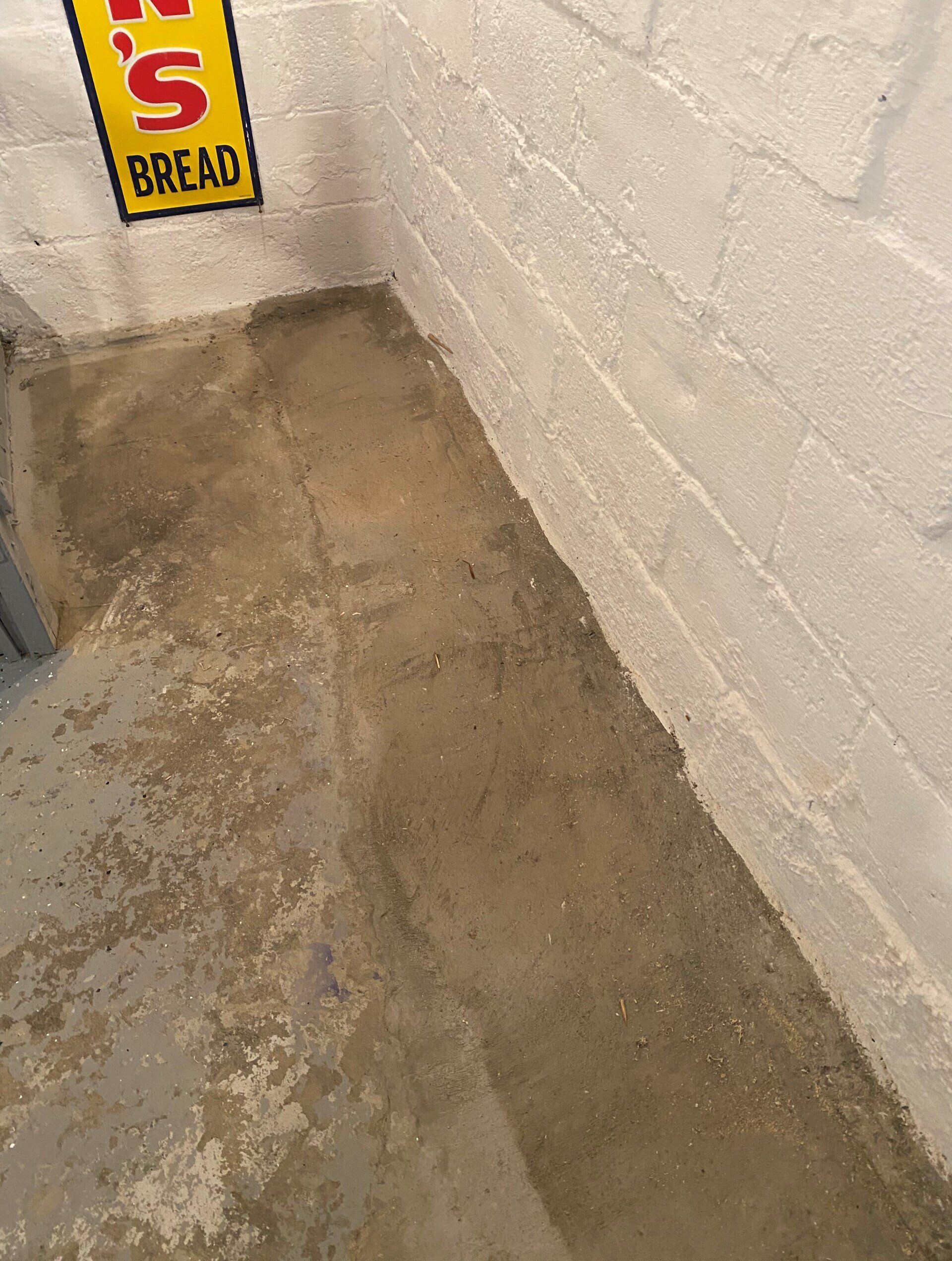Concrete basement floor and wall, corner, with faded paint and a yellow bread sign.