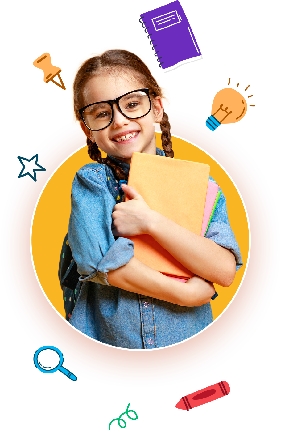 A little girl wearing glasses is holding a stack of books.