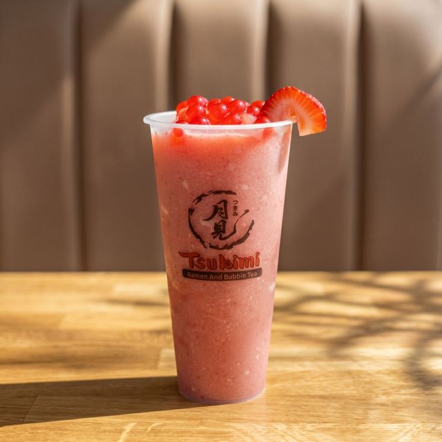 Pink strawberry smoothie in a clear cup with strawberry slices on a wooden table