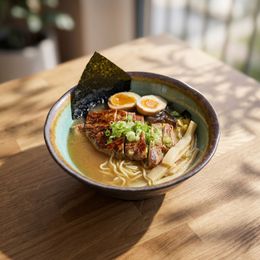 Grilled eel fillet over rice in a dark ceramic bowl on a wooden table, lit by warm sunlight