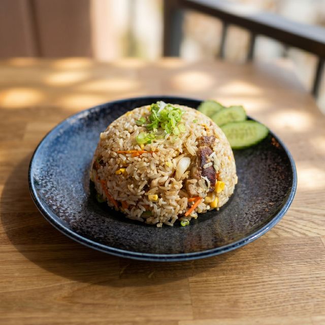 Fried rice mound on a dark plate with cucumber slices, on a wooden table in soft light