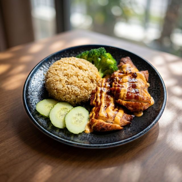 Grilled chicken, rice, broccoli, and cucumber slices on a black plate on a wooden table