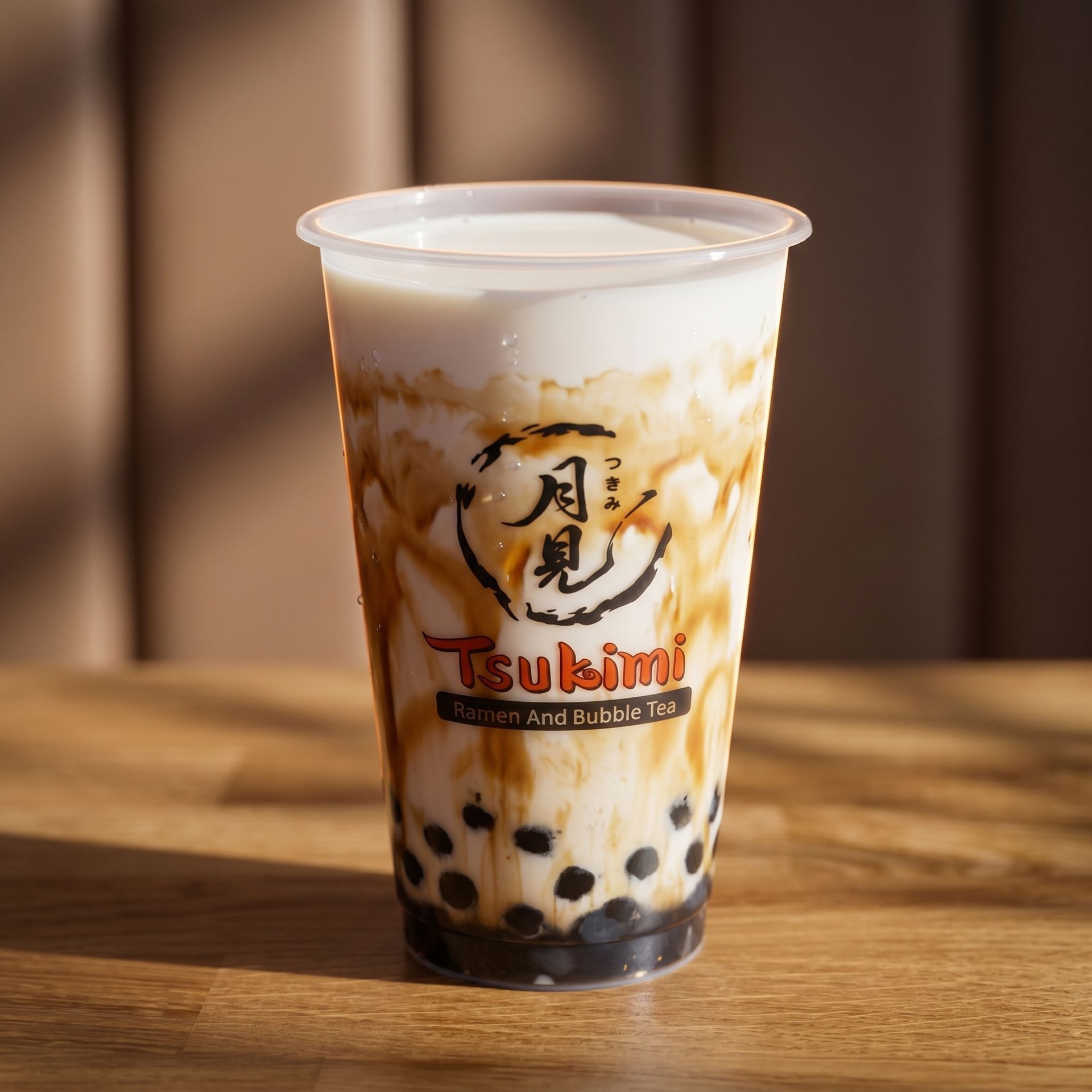 Clear plastic cup of milk tea with black tapioca pearls and a logo, on a wooden table.