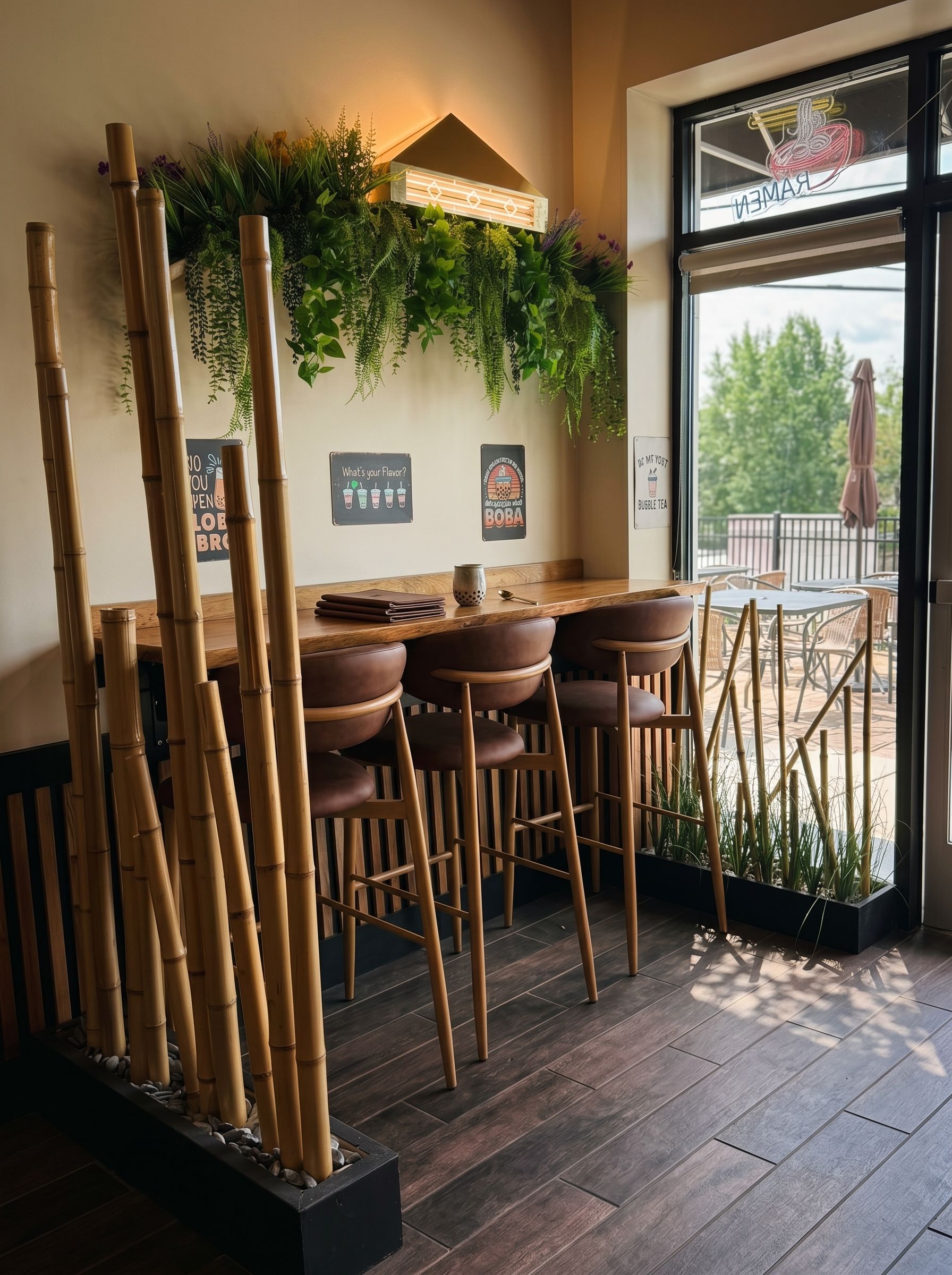 Cozy cafe corner with tall wooden stools, hanging greenery, and sunlight by a windowed patio doorway