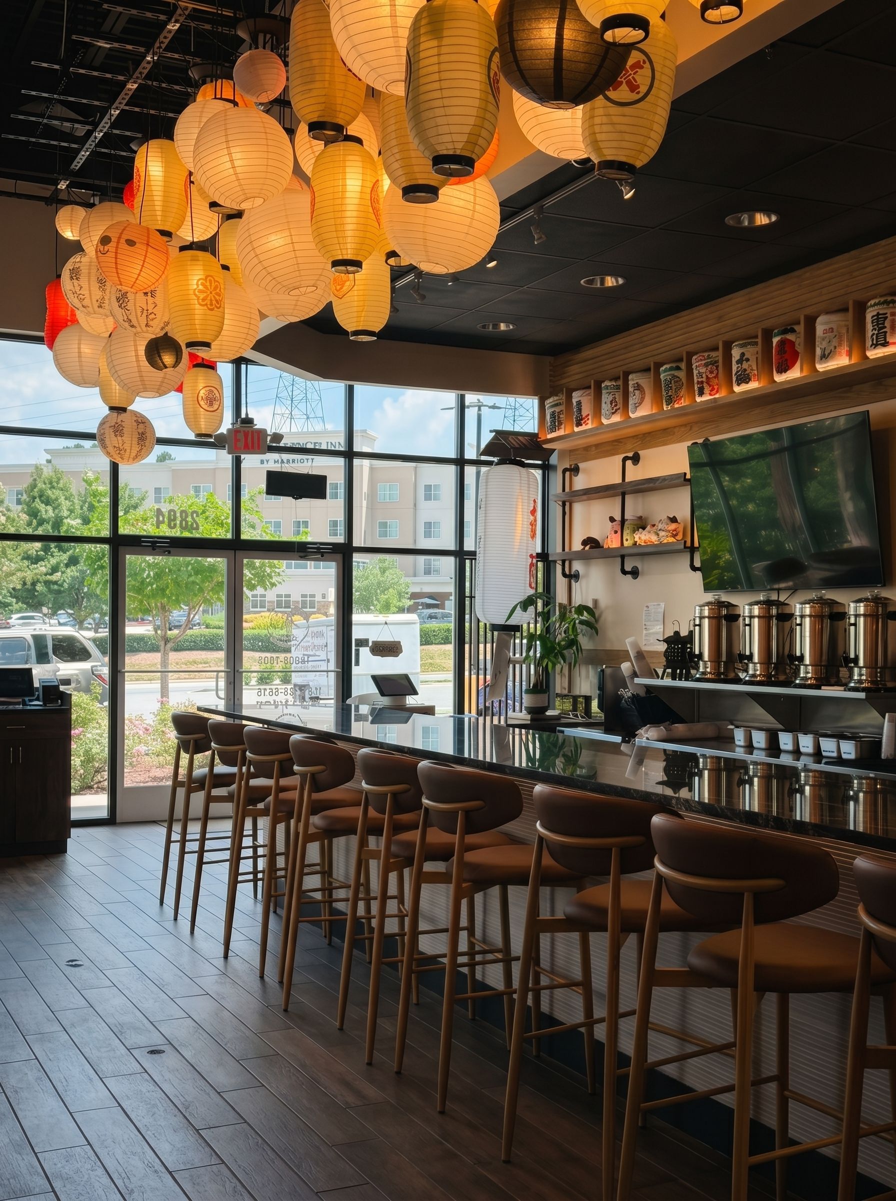 Stylish bar interior with hanging lanterns, wooden stools, and large windows overlooking a street outside