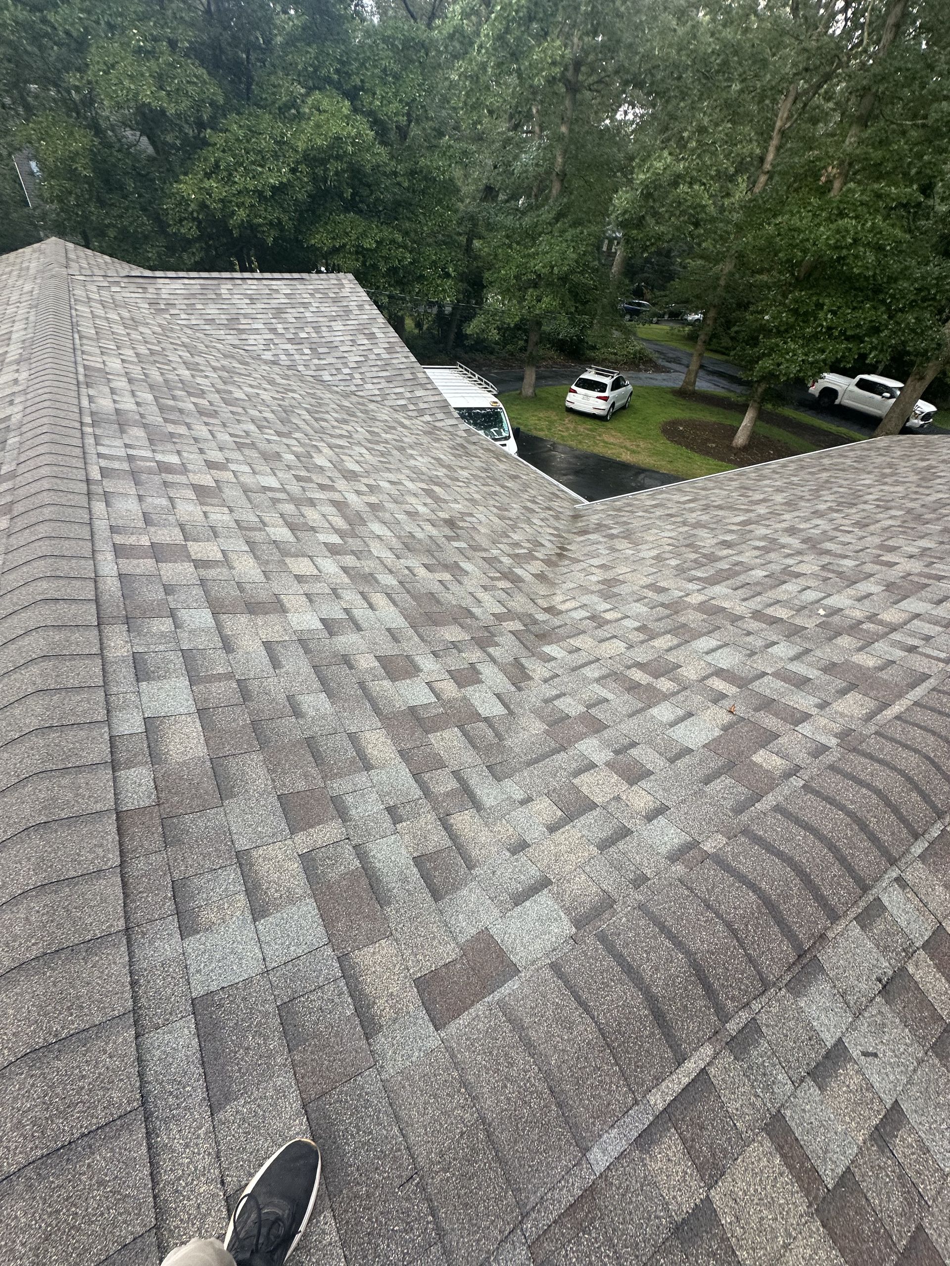 Overhead view of a gray asphalt shingle roof. A foot wearing a black and white shoe is visible. Trees are in the background.