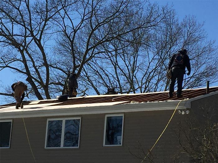 Roofers working on a building's rooftop, secured by ropes. Brown roof tiles and a clear blue sky.