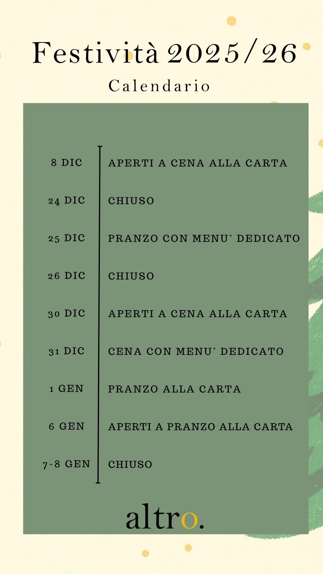 Calendario delle Festività 2022 e 2023 Natale e Capodanno santo stefano ristorante altro grottaferrata castelli romani degustazione menù fisso vigilia di natale pranzo di natale calendariocene aziendali aperitivo cokctail bar enoteca regali  xmas christmas noel