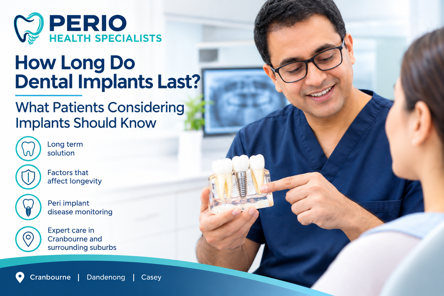 Dentist implantologist showing dental implant technology