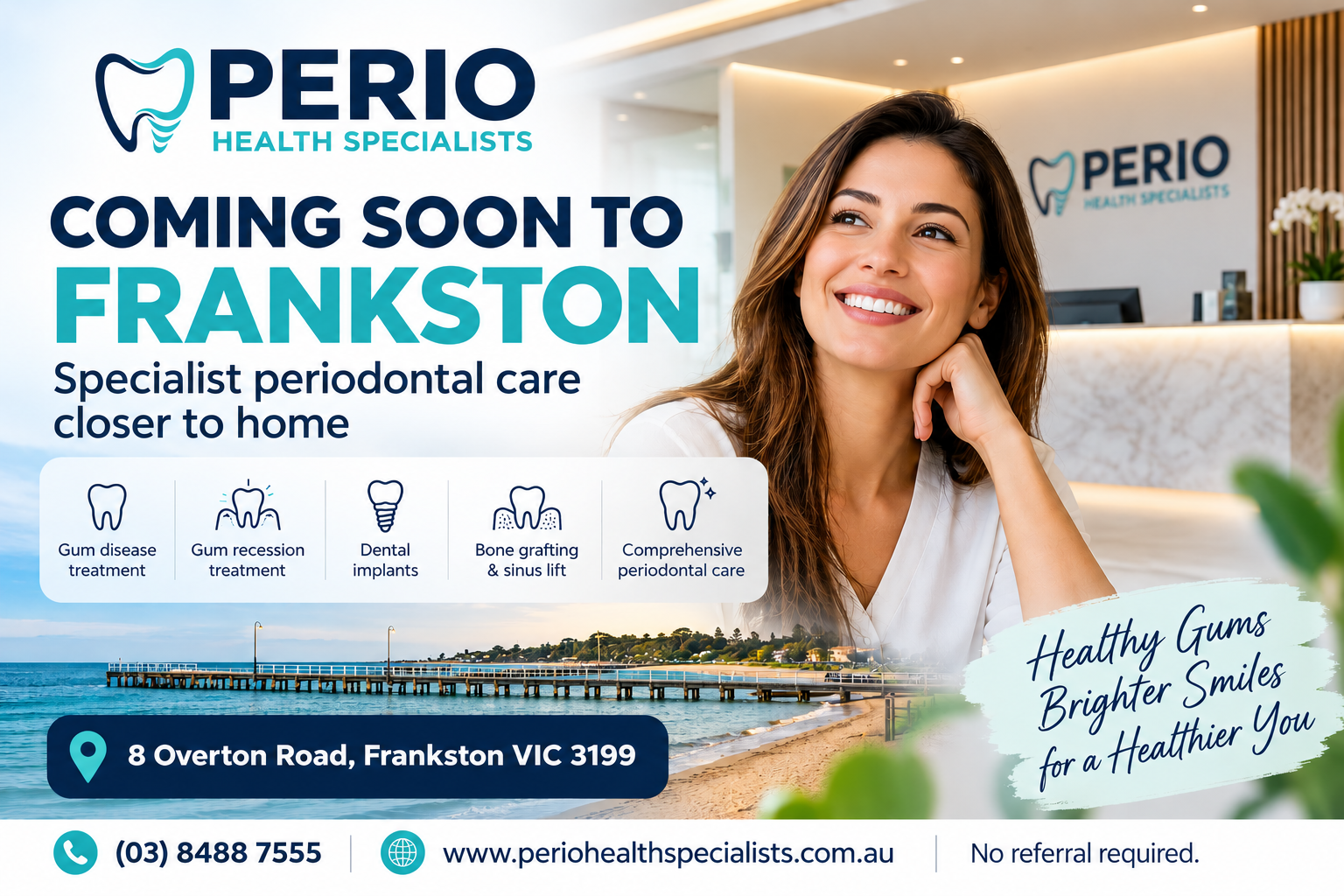 Perio Health Specialists dental ad for Frankston, with smiling woman and clinic contact details