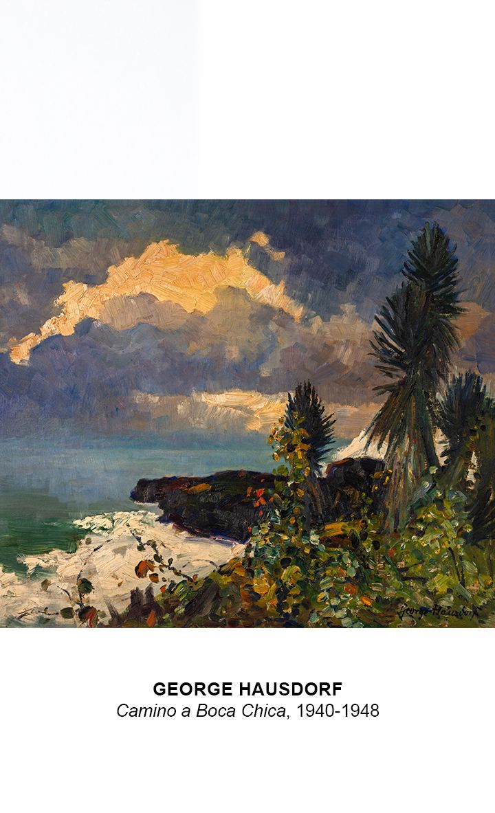 Pintura de paisaje costero con olas, acantilados, árboles y cielo nublado; los colores incluyen azules, verdes y dorados.