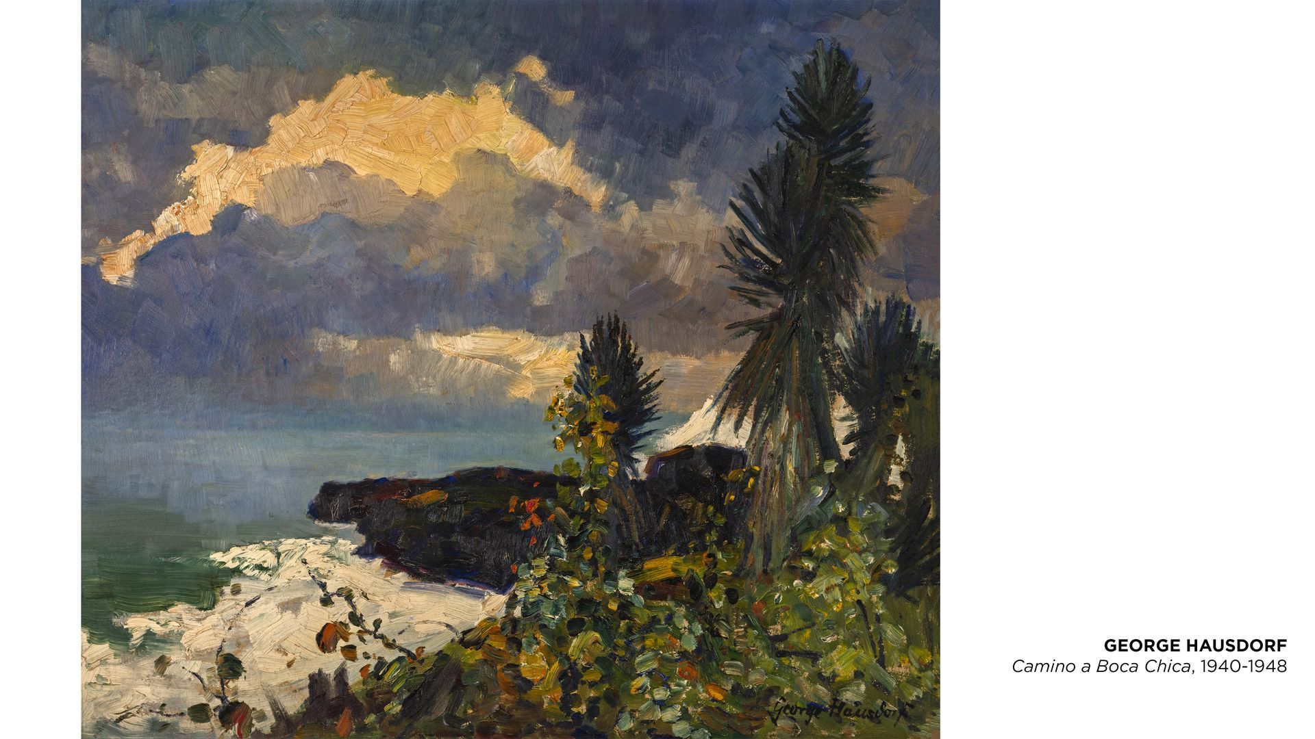 Pintura de paisaje costero con nubes de tormenta oscuras, océano y árboles.