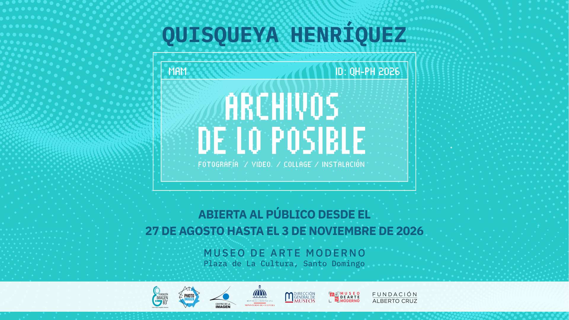 Cartel de la exposición de arte Quisqueya de Henríquez. Fechas: 29 de enero de 2023 - 26 de abril de 2023. Sede en Madrid. Diseño en rojo y negro.