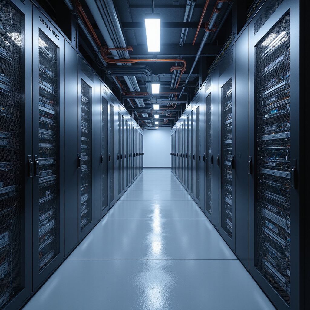 Data center hallway with server racks and overhead lighting.