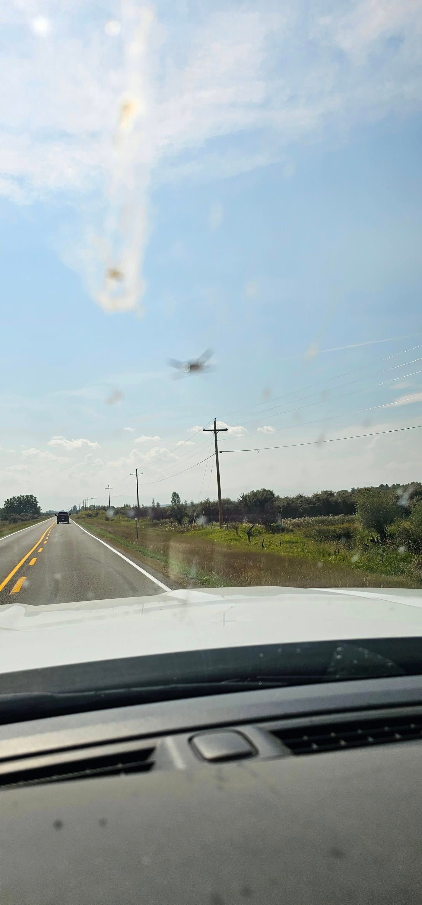 A view from inside a car driving on a rural road under a bright blue sky with smudges on the windshield.