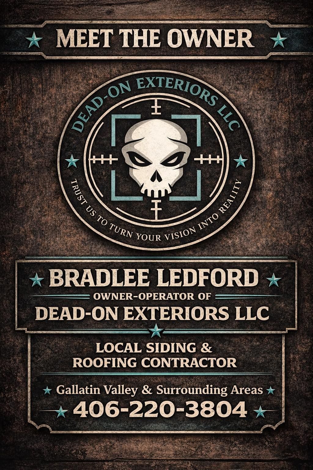 Business card for Dead-On Exteriors LLC, featuring a skull logo, owner Bradlee Ledford, and contact phone number.