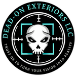 Circular logo for Dead-On Exteriors LLC featuring a stylized skull inside a cyan crosshair on a black background.