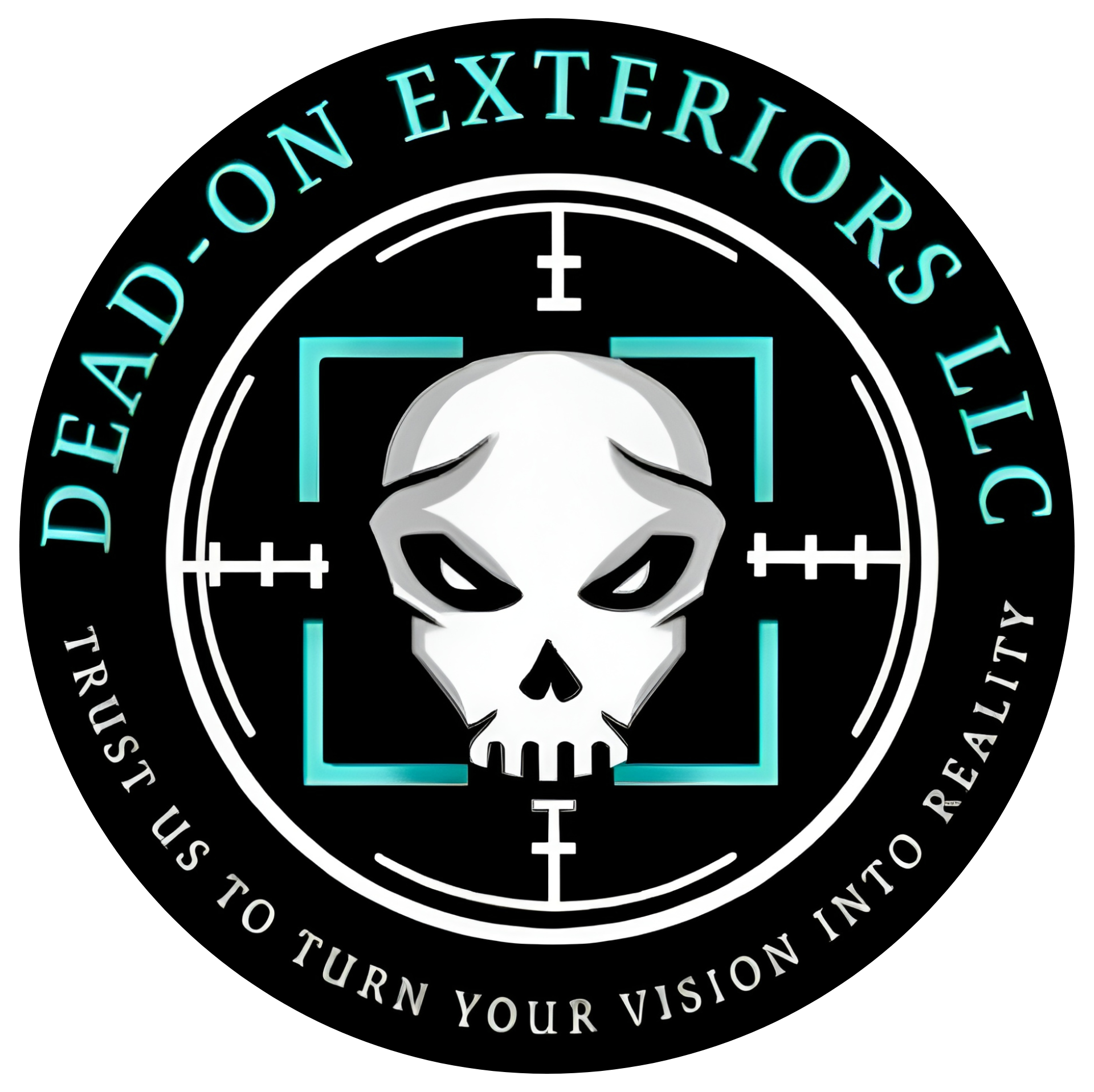 Circular logo for Dead-On Exteriors LLC featuring a stylized skull inside a cyan crosshair on a black background.