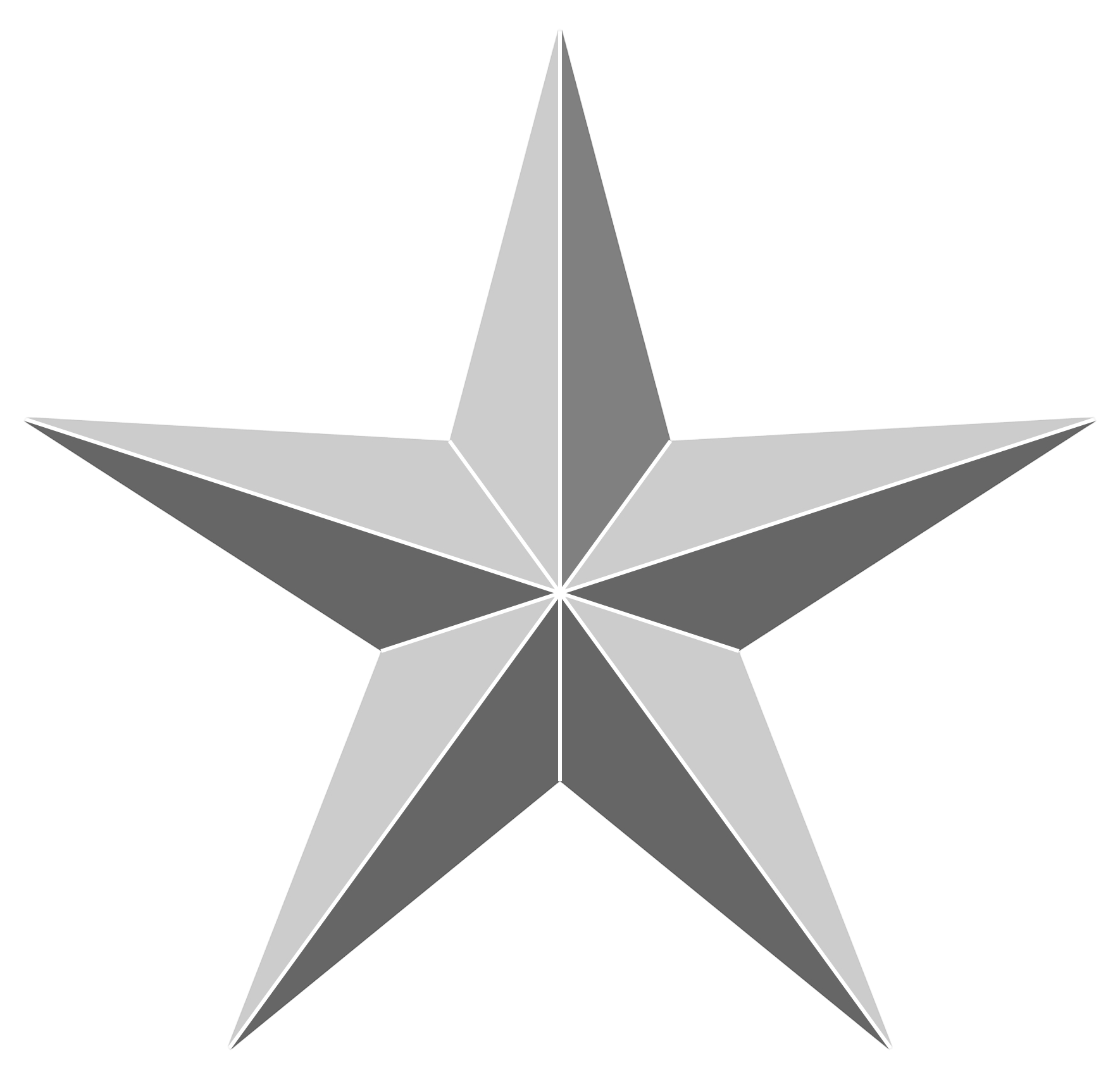 A five-pointed star with a shaded, three-dimensional effect, alternating between light and medium gray segments.