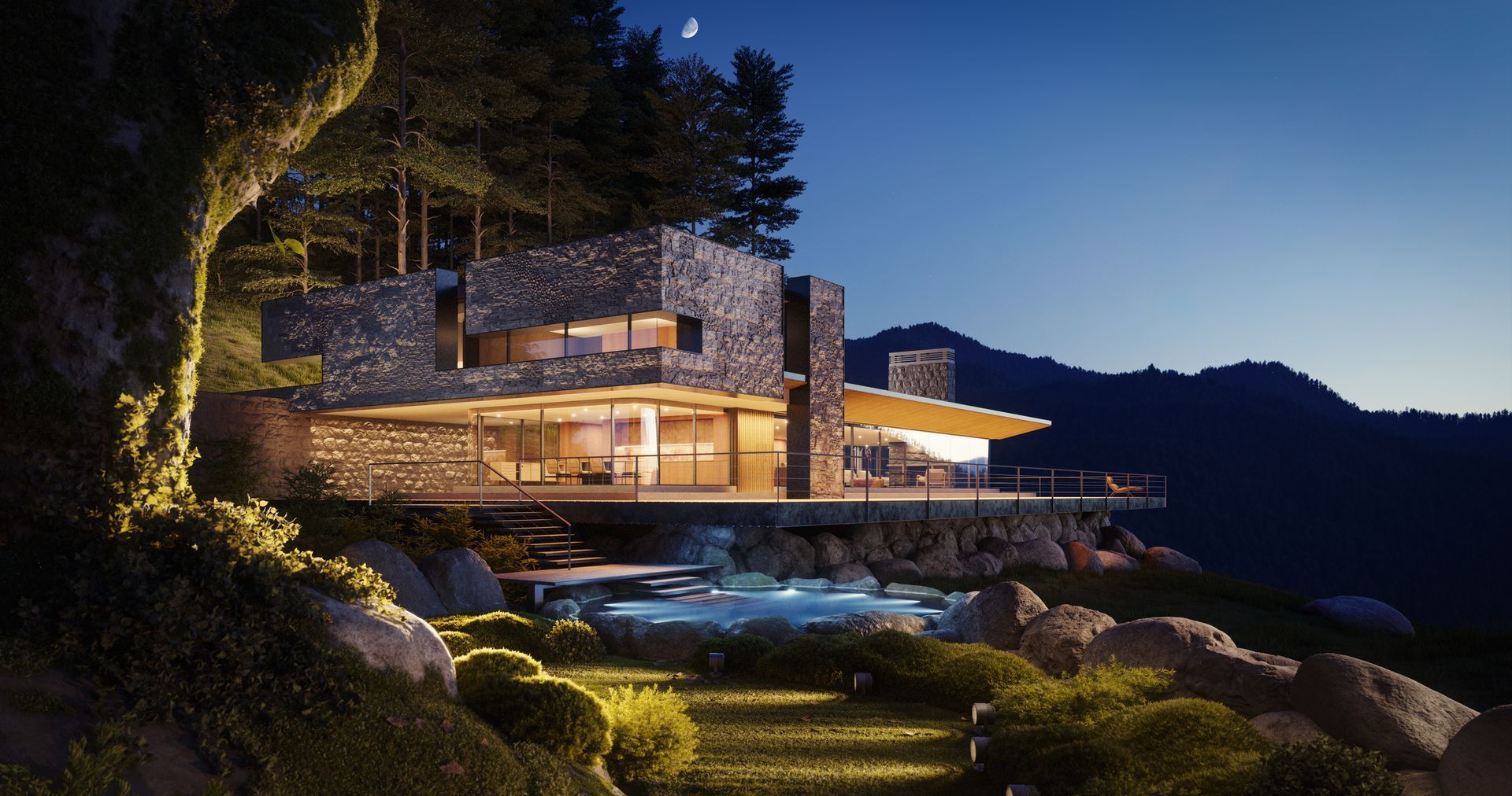 Casa moderna costruita sul pendio di una collina, con esterni in pietra, di notte. Interni illuminati, montagne sullo sfondo, una piccola piscina sottostante.