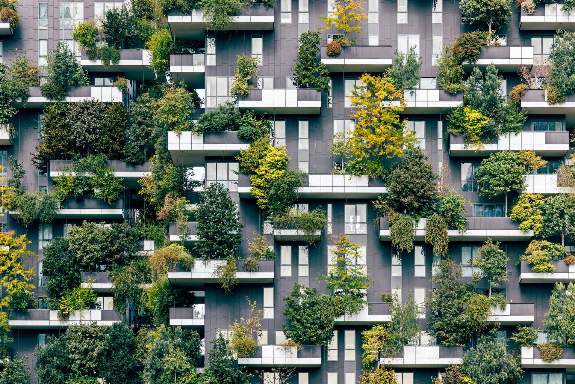 Moderno condominio con alberi e fogliame che crescono sui balconi.