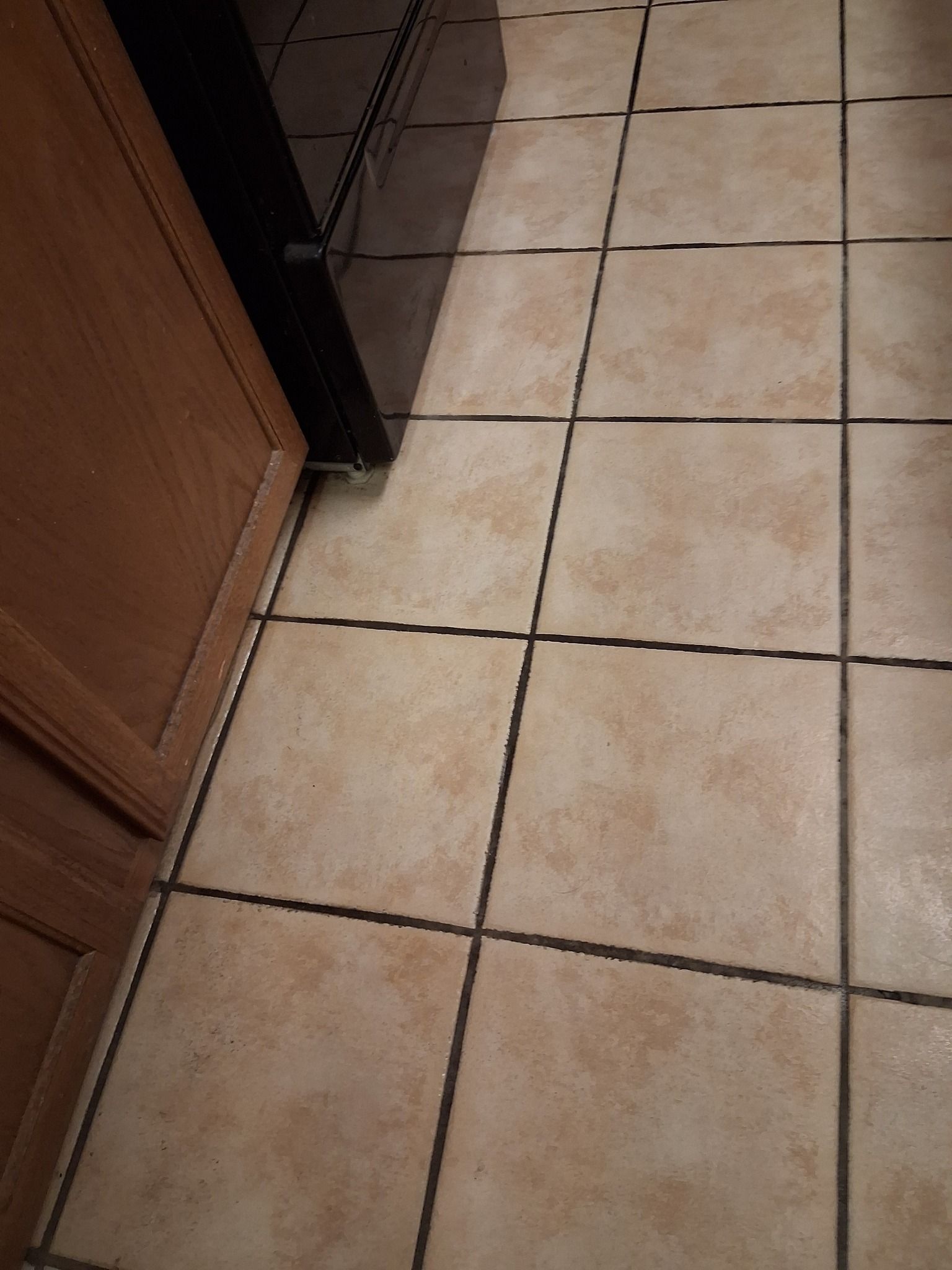 A close up of a tiled floor in a kitchen