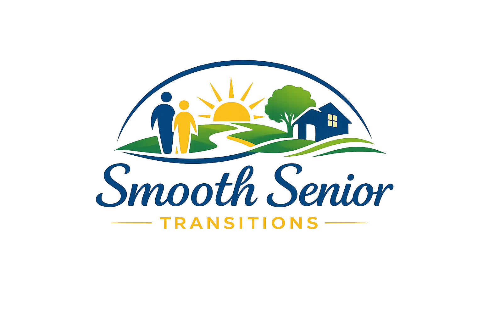 Smooth Senior Transitions logo with sun, tree, home, and two people over blue and gold text.