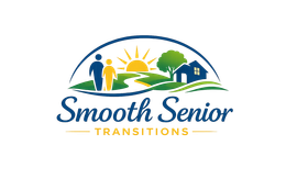 Smooth Senior Transitions logo with sun, tree, home, and two people over blue and gold text.