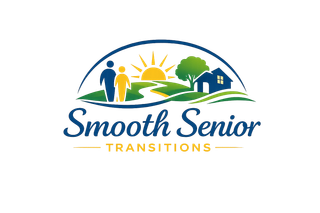 Smooth Senior Transitions logo with sun, tree, home, and two people over blue and gold text.